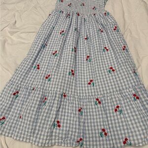 btween Light Blue and White Gingham Dress with Red Cherry Embroidery